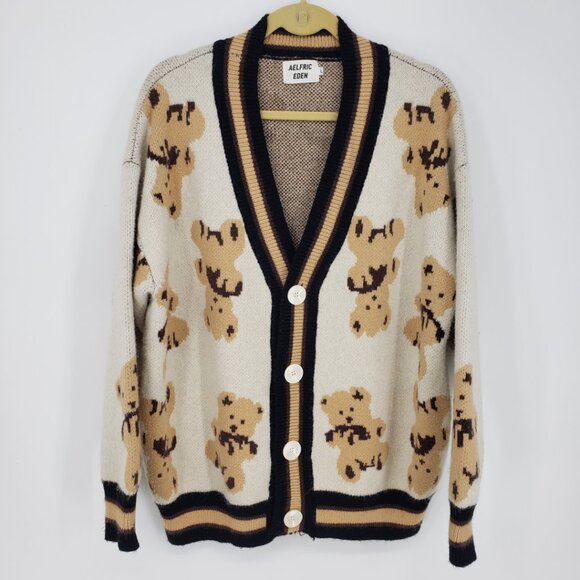 Aelfric Eden Teddy Bear Relaxed Fit Cardigan Sweater L Womens V Neck Brown Cream - Picture 1 of 8